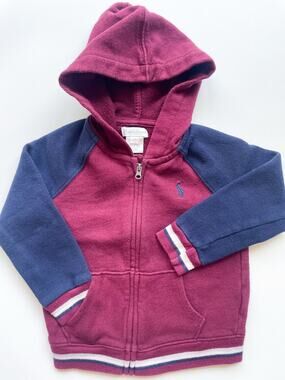 Toddler Boy's Ralph Lauren Maroon and Navy Zip Up Hooded Sweatshirt Size 24 Mo.